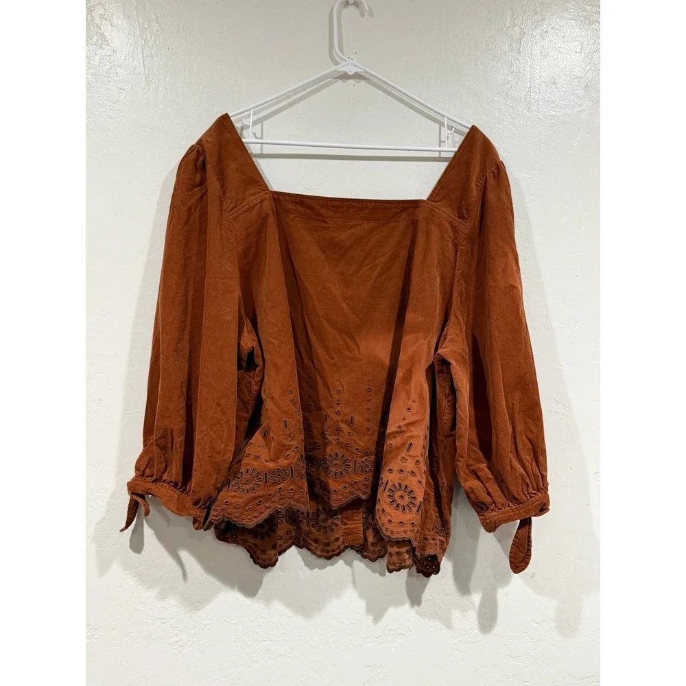 Madewell Corduroy Eyelet Button Front Top Rust Brown Square Neck Plus Size 3X